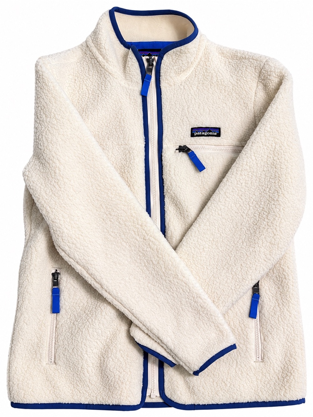 Patagonia Cream Teddy Fleece Jacket with Blue Trim
